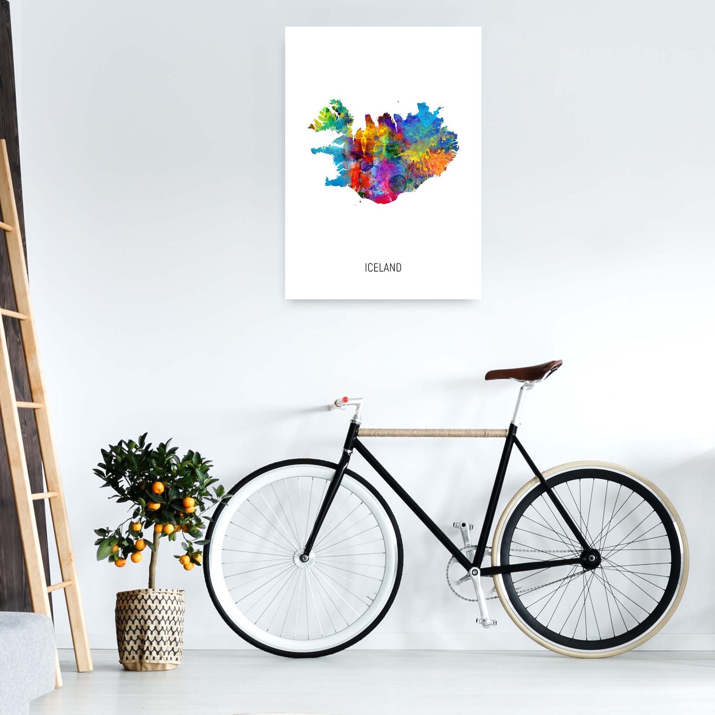 Iceland Watercolour Map Art Print by Michael Tompsett A1 Black Frame