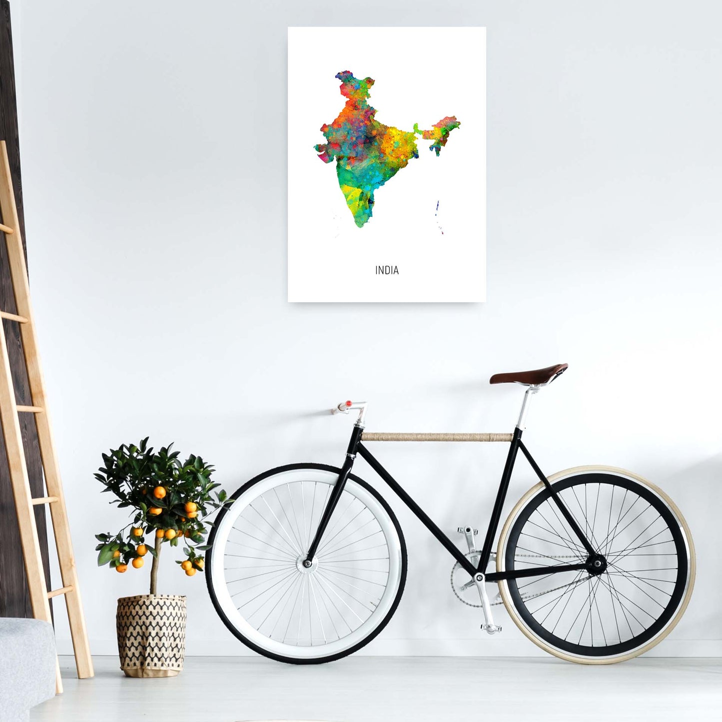 India Watercolour Map Art Print by Michael Tompsett A1 Black Frame