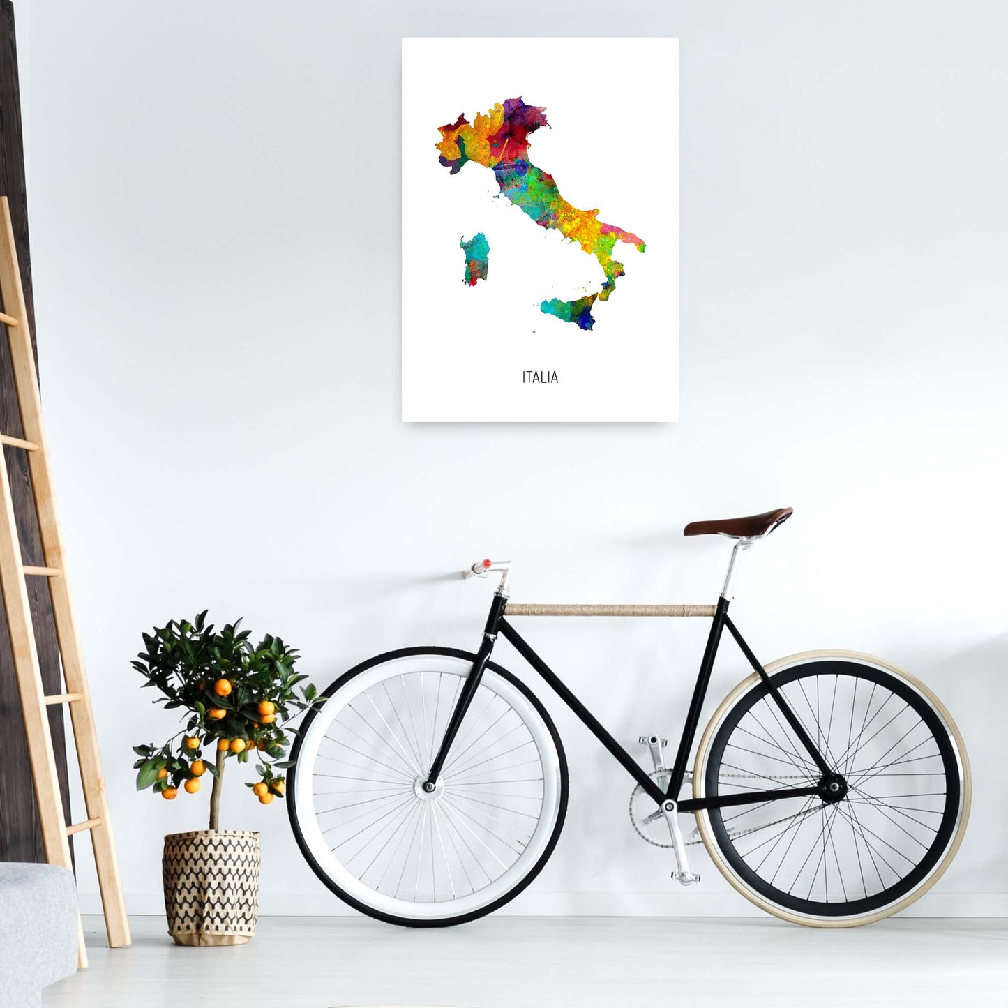 Italia Watercolour Map Art Print by Michael Tompsett A1 Black Frame