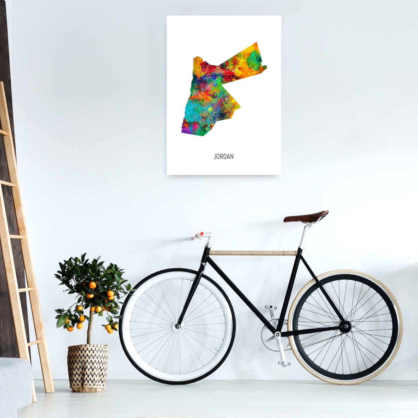 Jordan Watercolour Map Art Print by Michael Tompsett A1 Black Frame