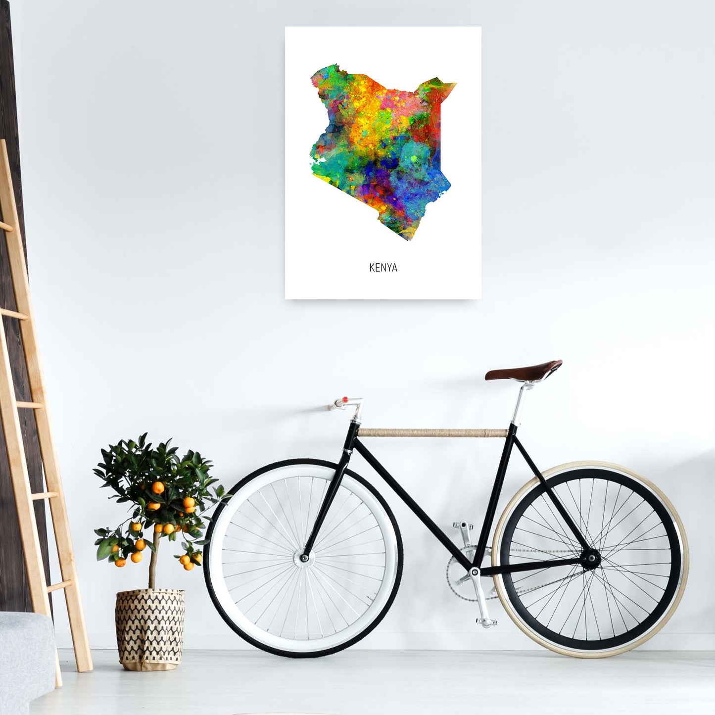 Kenya Watercolour Map Art Print by Michael Tompsett A1 Black Frame