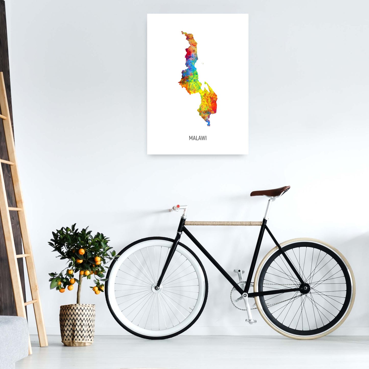 Malawi Watercolour Map Art Print by Michael Tompsett A1 Black Frame