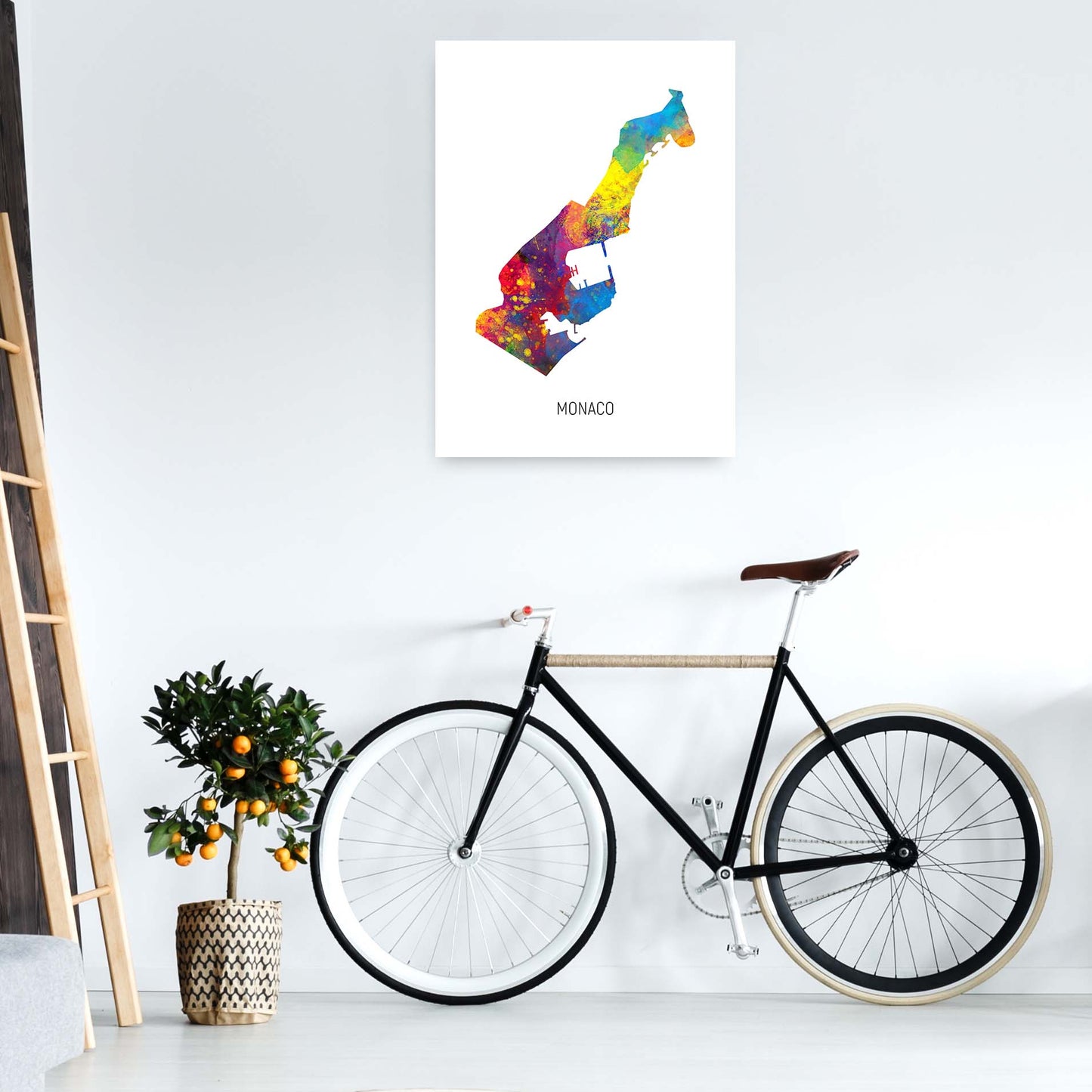 Monaco Watercolour Map Art Print by Michael Tompsett A1 Black Frame
