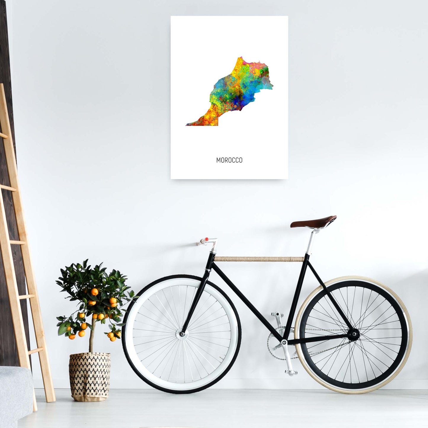 Morocco Watercolour Map Art Print by Michael Tompsett A1 Black Frame