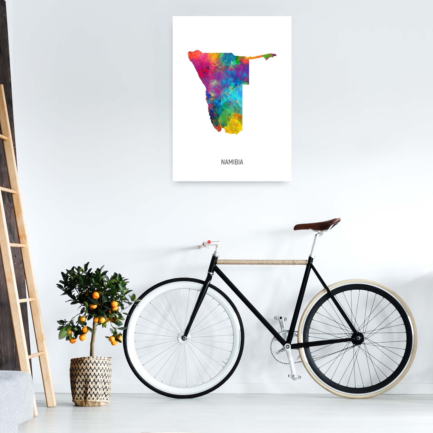 Namibia Watercolour Map Art Print by Michael Tompsett A1 Black Frame