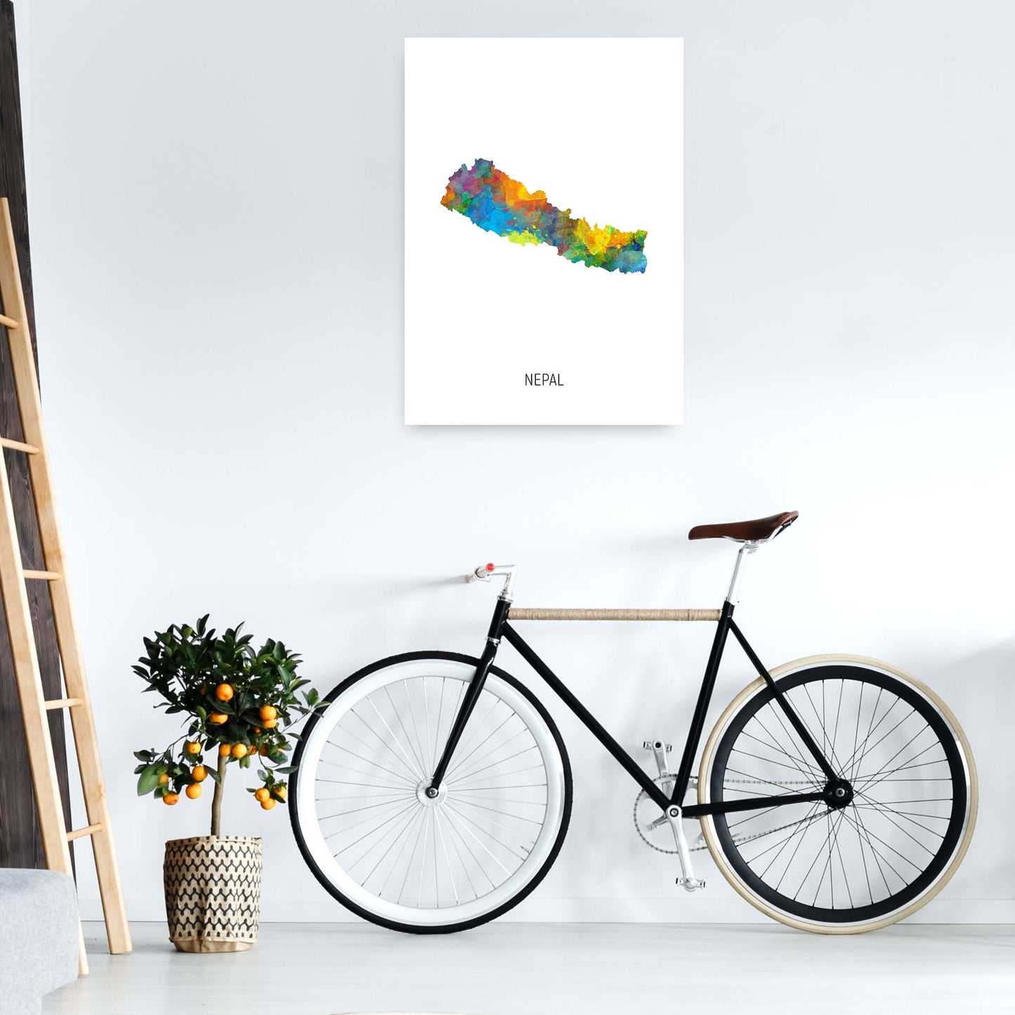 Nepal Watercolour Map Art Print by Michael Tompsett A1 Black Frame