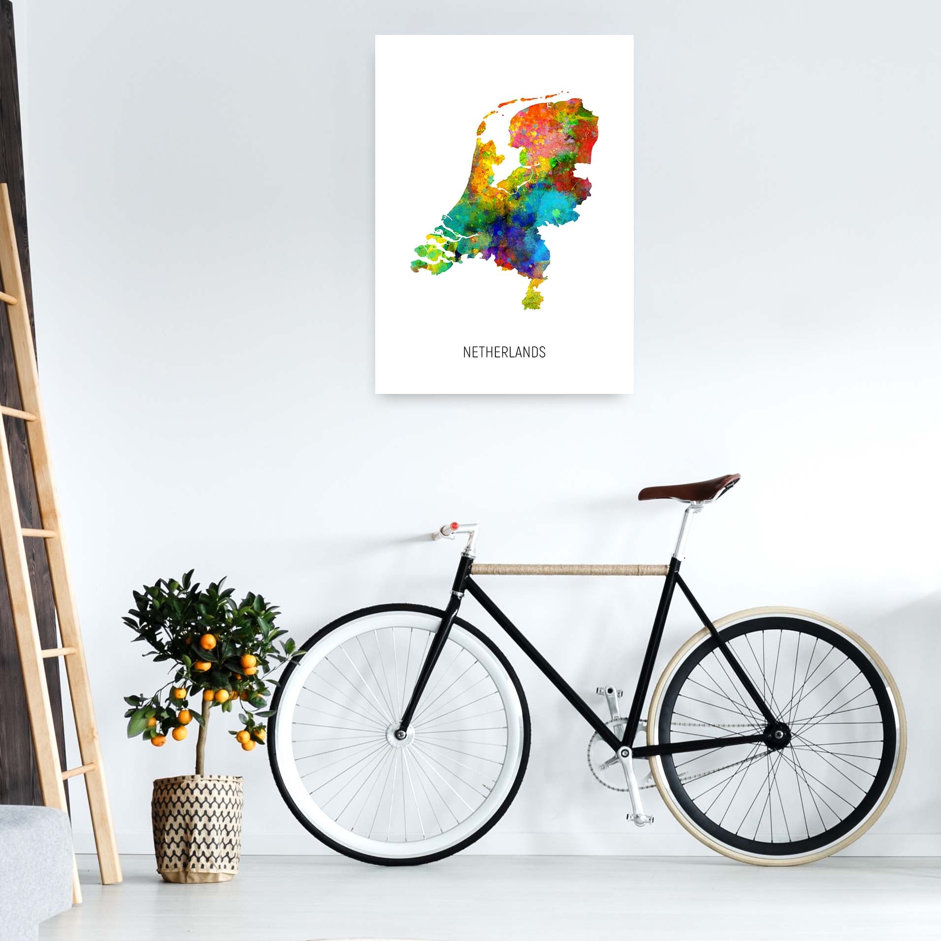 Netherlands Watercolour Map Art Print by Michael Tompsett A1 Black Frame