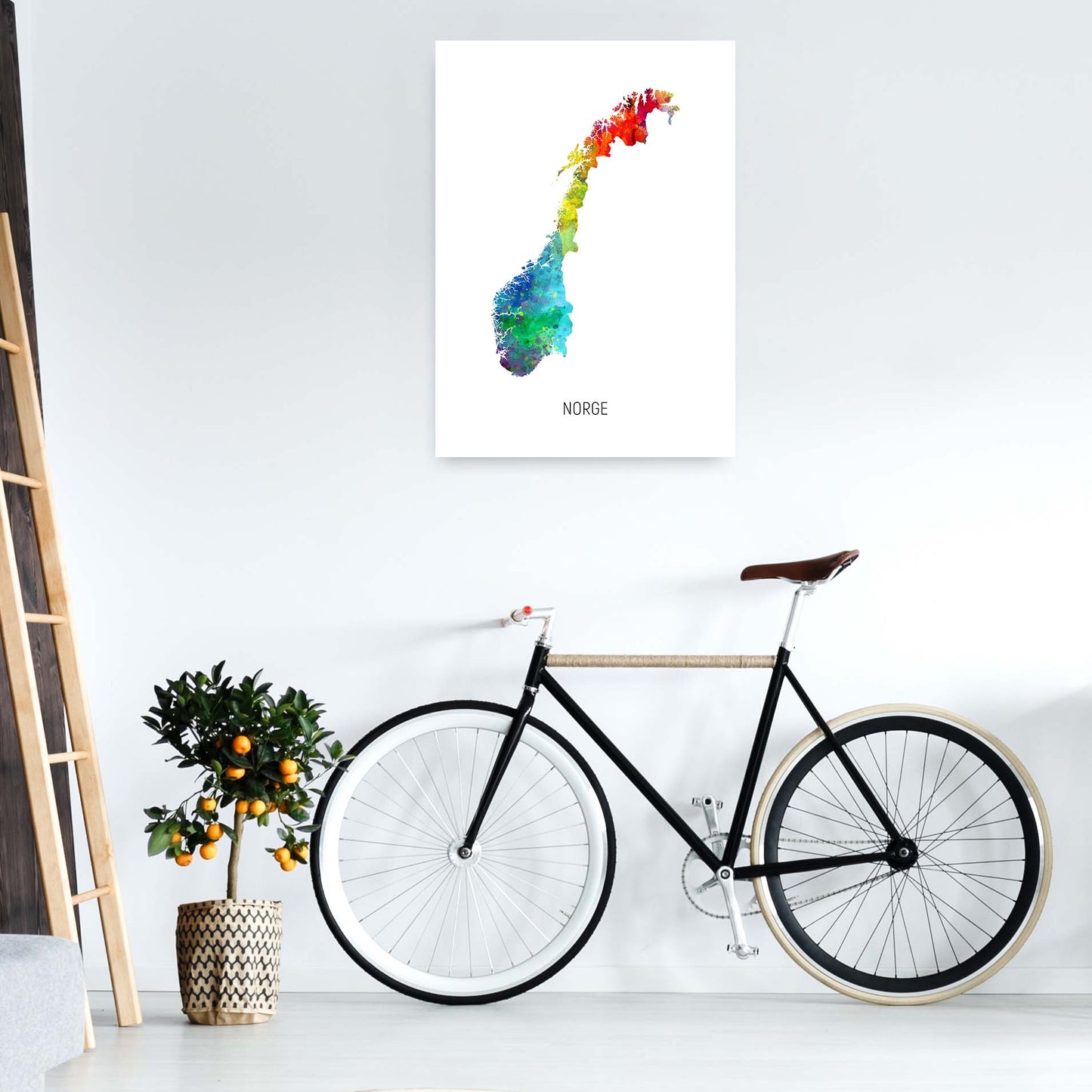 Norge Watercolour Map Art Print by Michael Tompsett A1 Black Frame