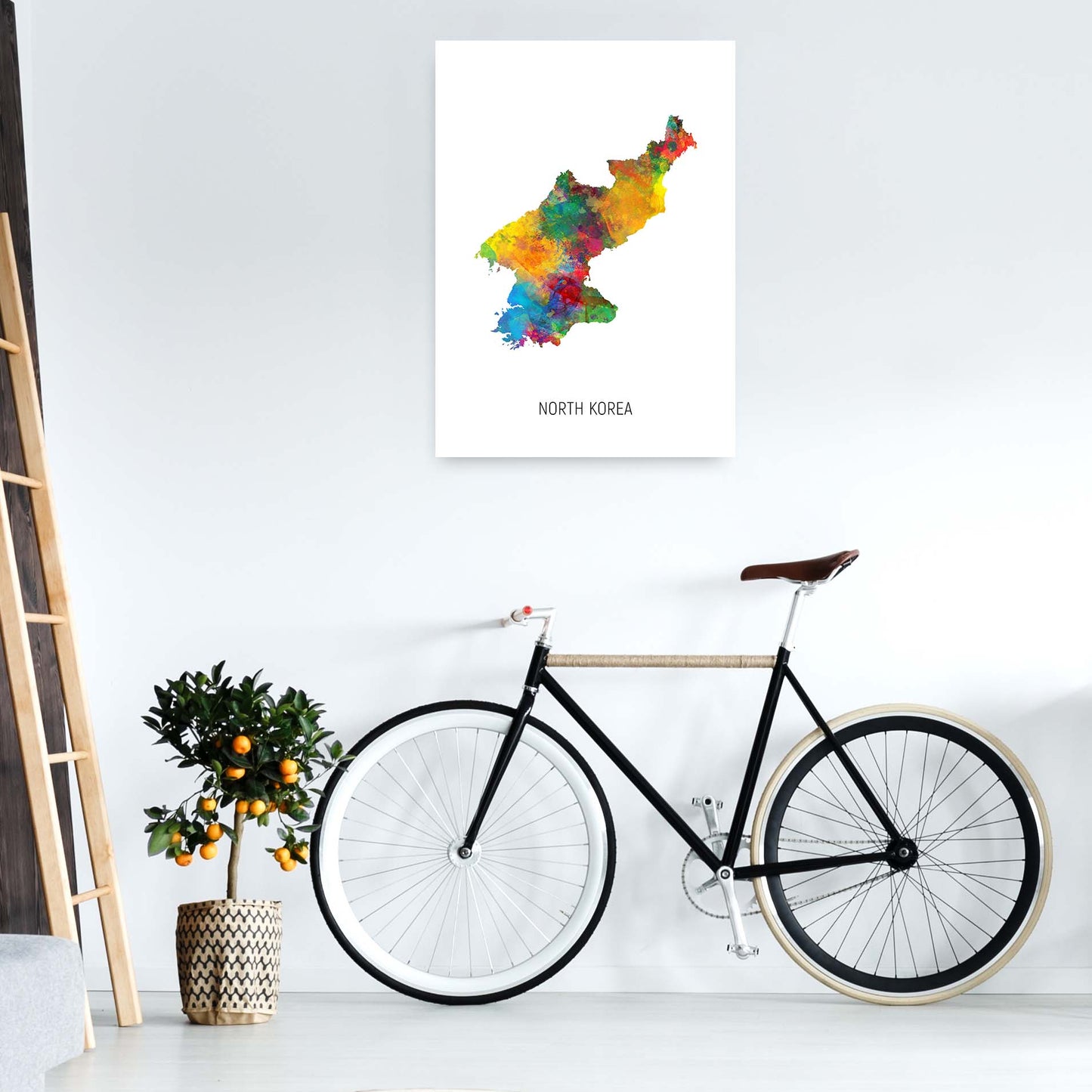 North Korea Watercolour Map Art Print by Michael Tompsett A1 Black Frame