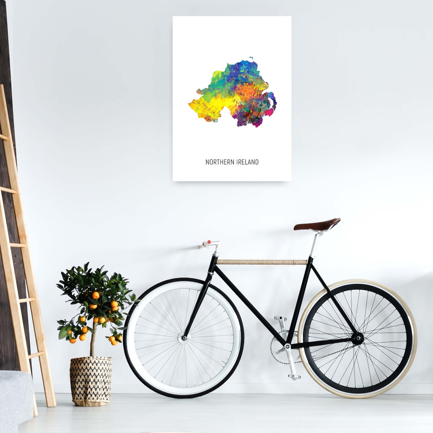 Northern Ireland Watercolour Map Print by Michael Tompsett A1 Black Frame
