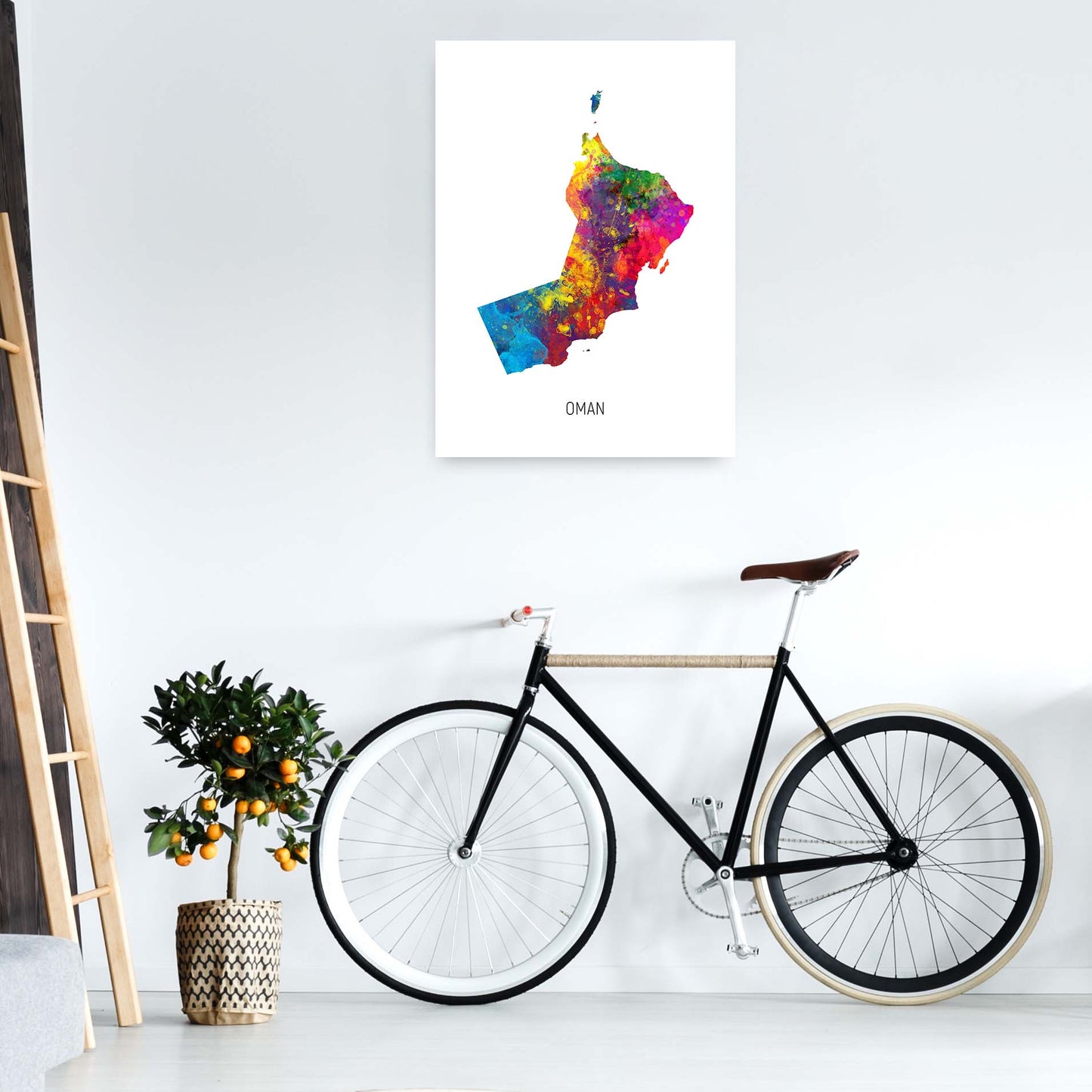 Oman Watercolour Map Art Print by Michael Tompsett A1 Black Frame