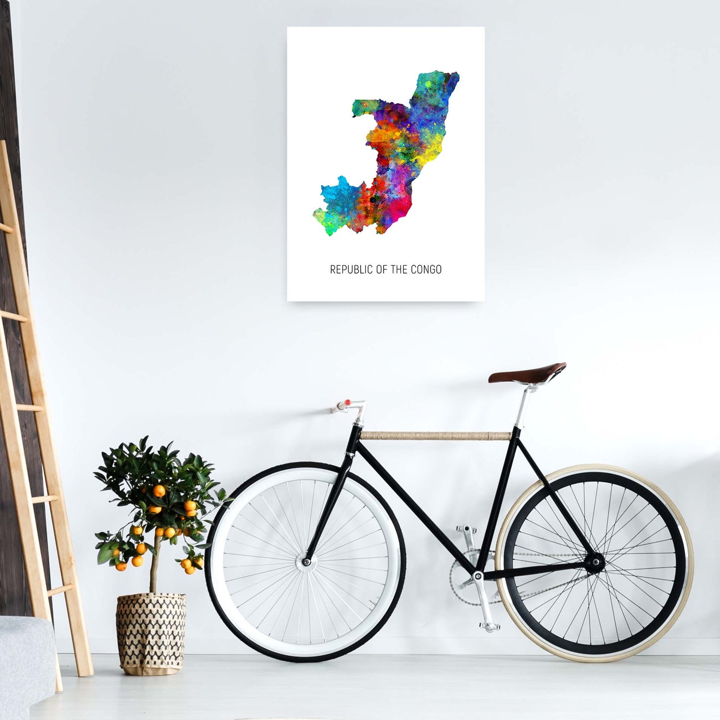 Republic Of The Congo Watercolour Map by Michael Tompsett A1 Black Frame