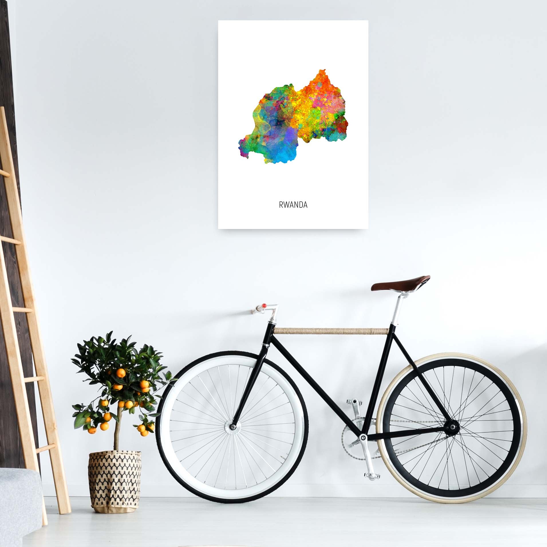 Rwanda Watercolour Map Art Print by Michael Tompsett A1 Black Frame