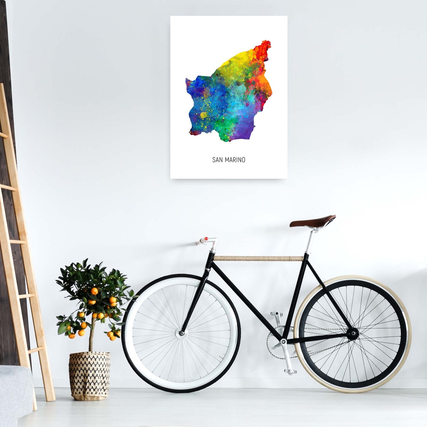 San Marino Watercolour Map Art Print by Michael Tompsett A1 Black Frame