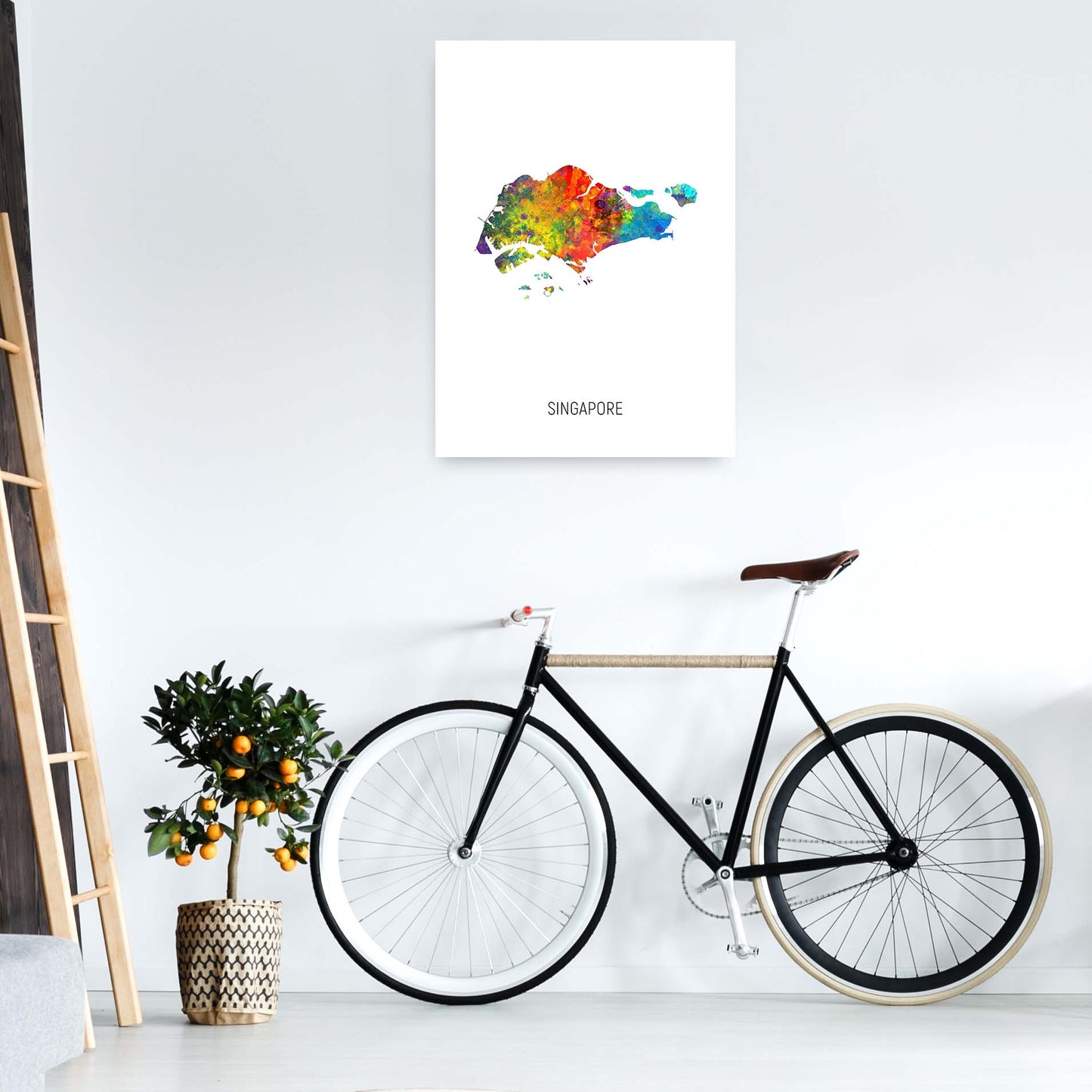Singapore Watercolour Map Art Print by Michael Tompsett A1 Black Frame