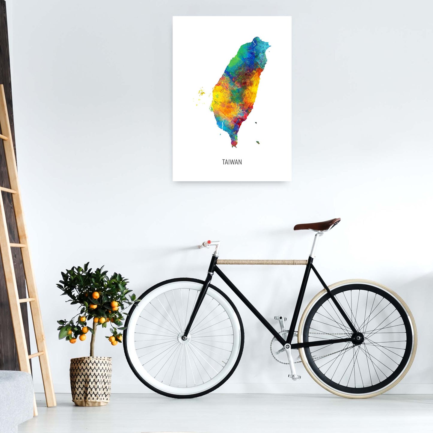 Taiwan Watercolour Map Art Print by Michael Tompsett A1 Black Frame