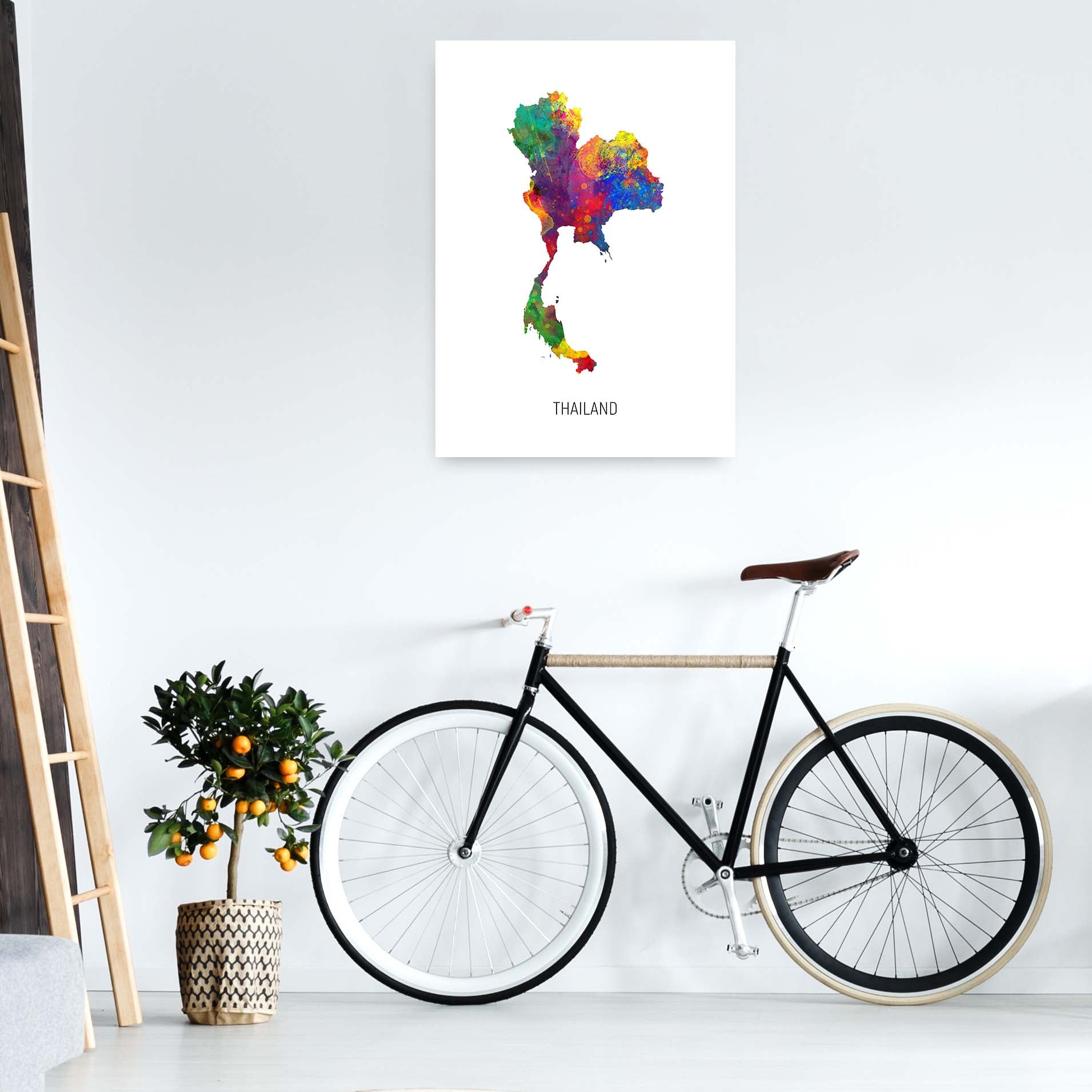 Thailand Watercolour Map Art Print by Michael Tompsett A1 Black Frame