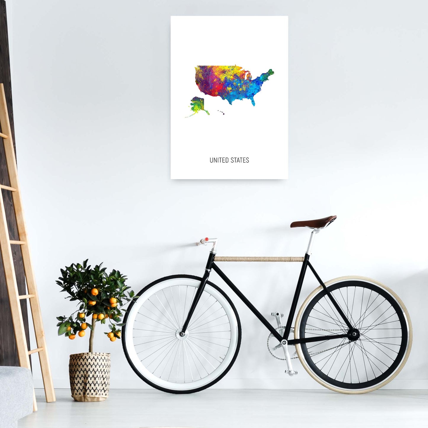 United States Watercolour Map Art Print by Michael Tompsett A1 Black Frame