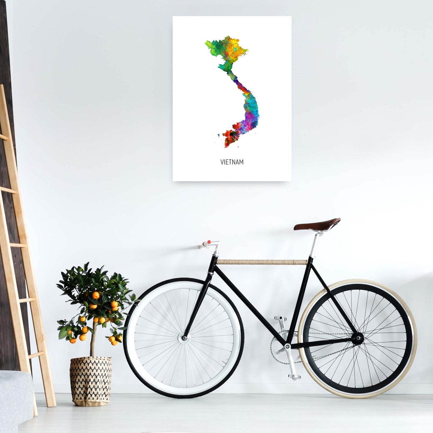 Vietnam Watercolour Map Art Print by Michael Tompsett A1 Black Frame