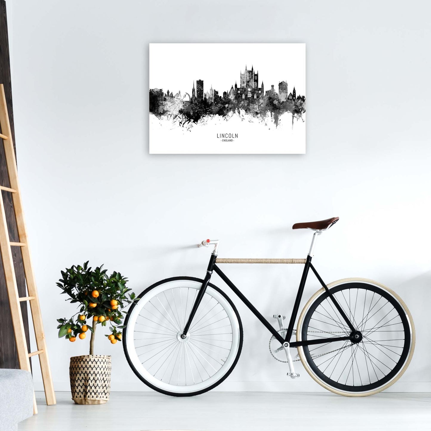 Lincoln England Skyline Black White City Name by Michael Tompsett A1 Black Frame