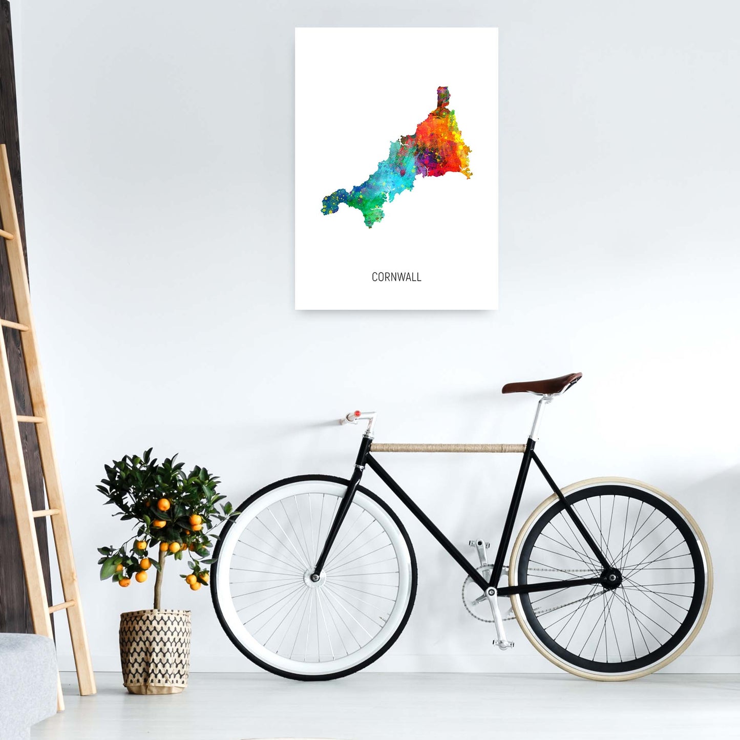 Cornwall Watercolour Map Art Print by Michael Tompsett A1 Black Frame