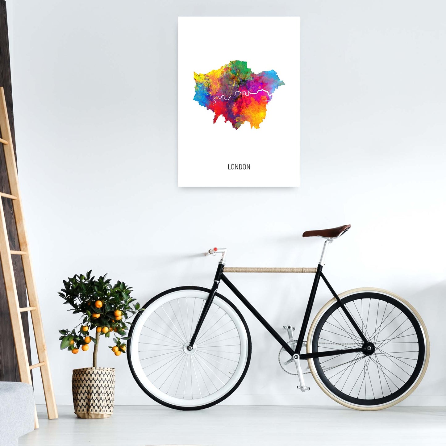 London Watercolour Map Art Print by Michael Tompsett A1 Black Frame