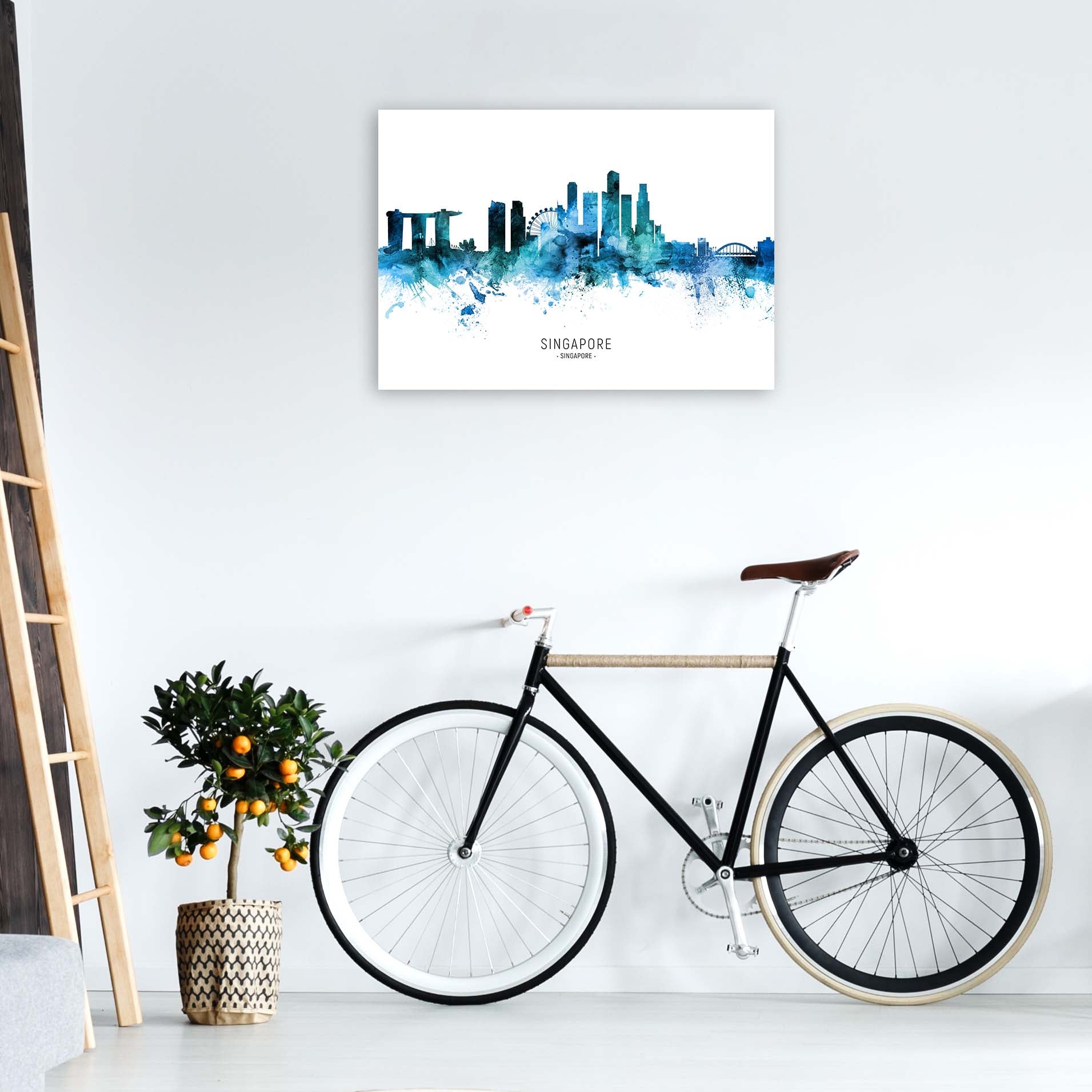 Singapore Singapore Skyline Blue City Name  by Michael Tompsett A1 Black Frame