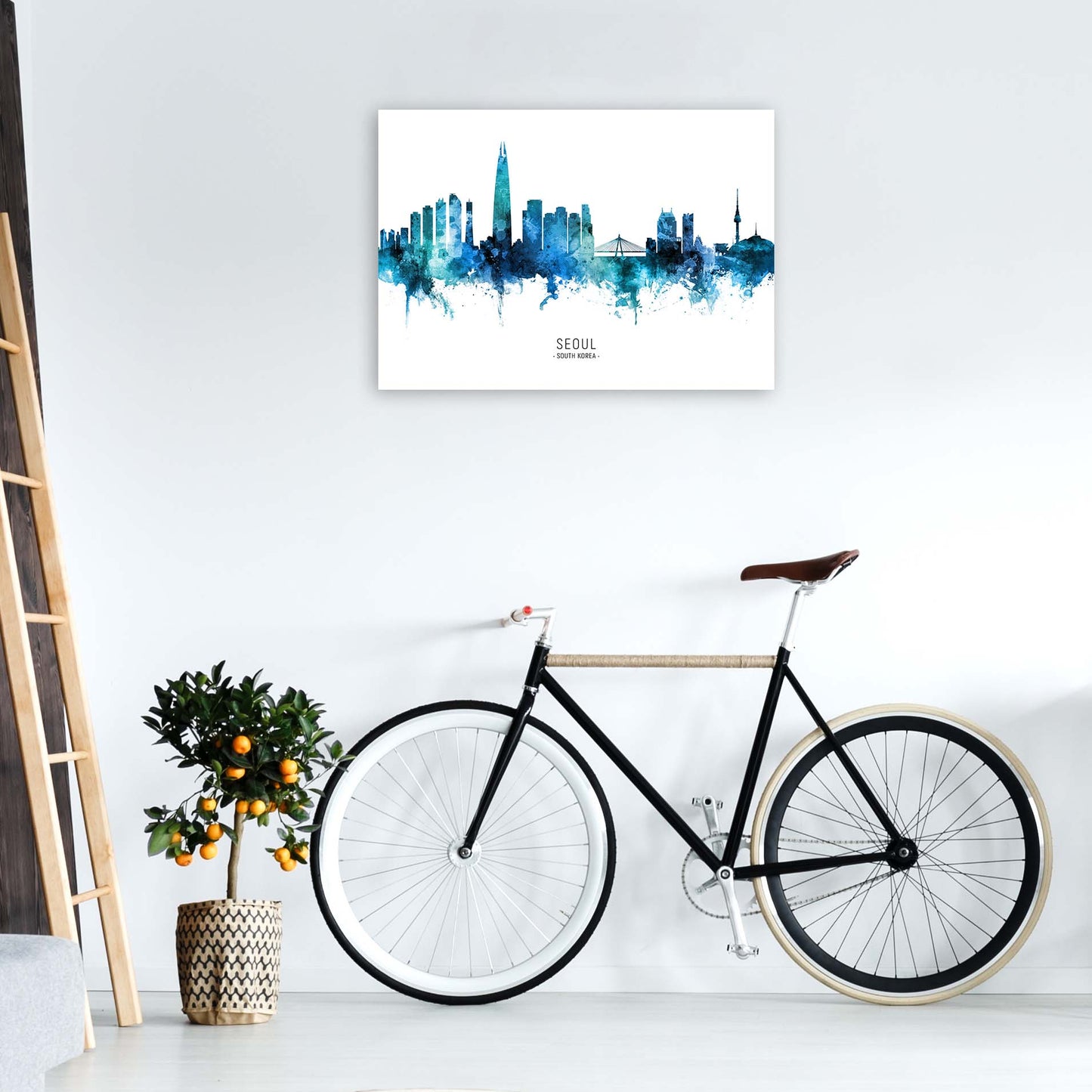 Seoul South Korea Skyline Blue City Name by Michael Tompsett A1 Black Frame