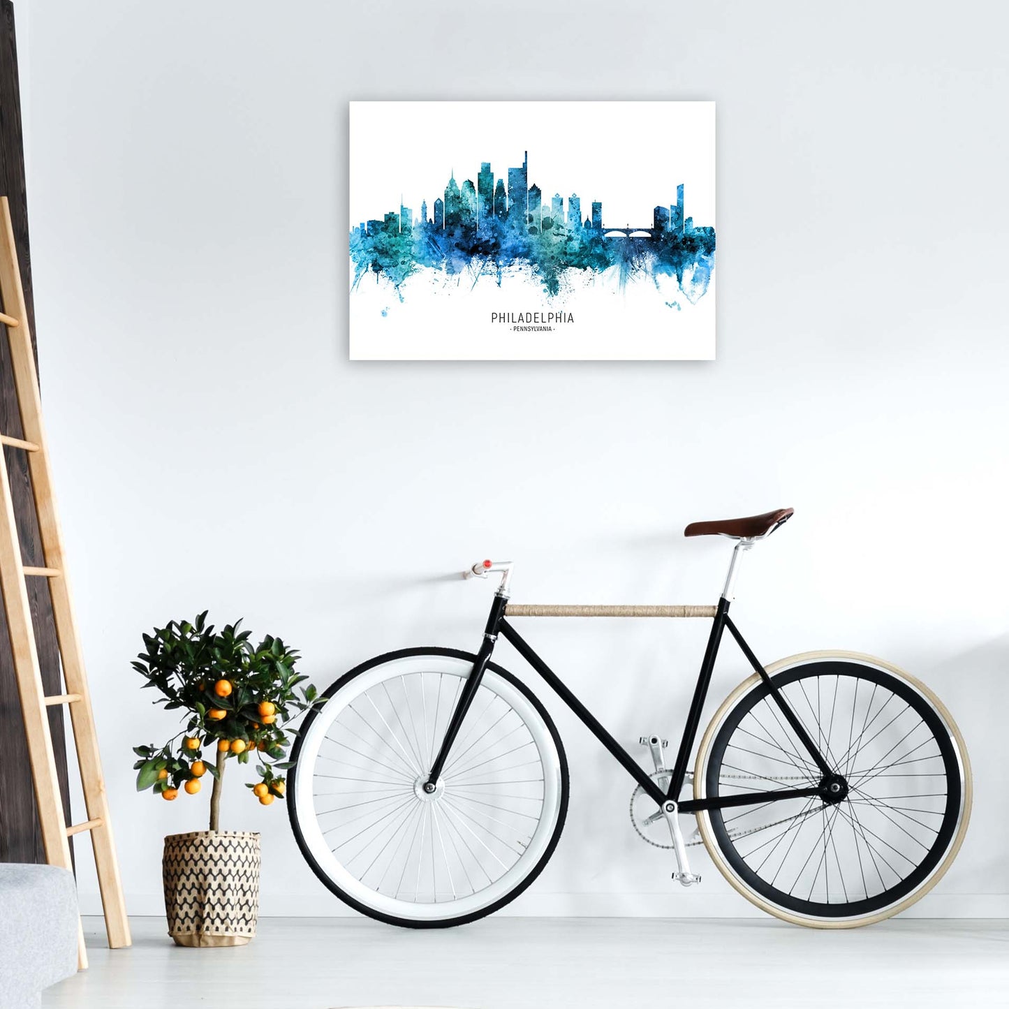 Philadelphia Pennsylvania Skyline Blue City Name by Michael Tompsett A1 Black Frame