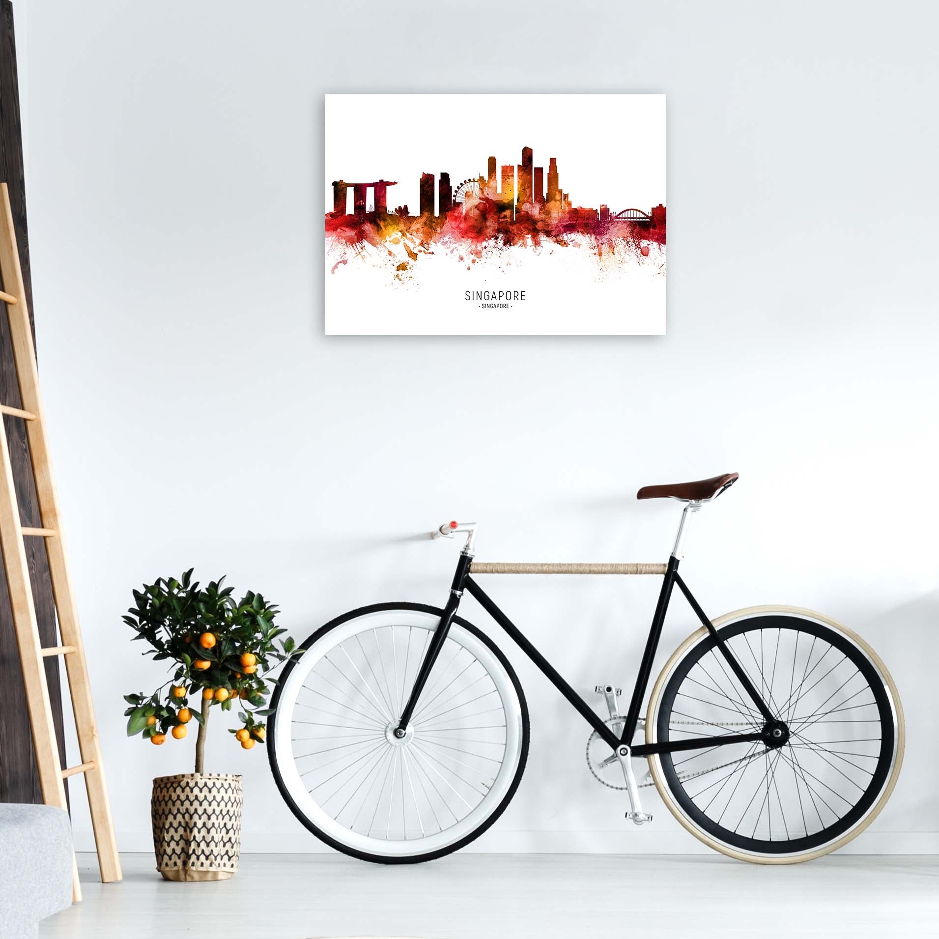 Singapore Singapore Skyline Red City Name  by Michael Tompsett A1 Black Frame