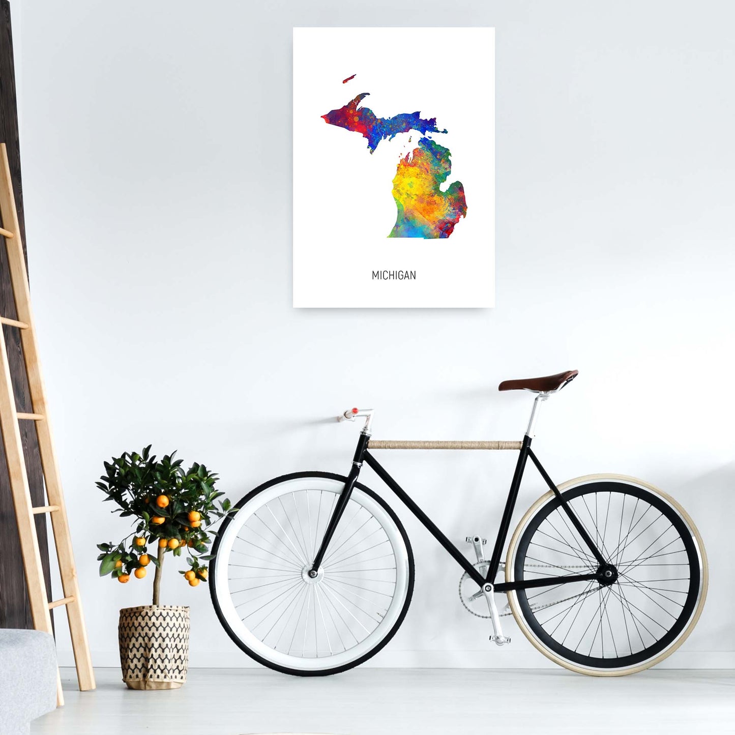 Michigan Watercolour Map Art Print by Michael Tompsett A1 Black Frame