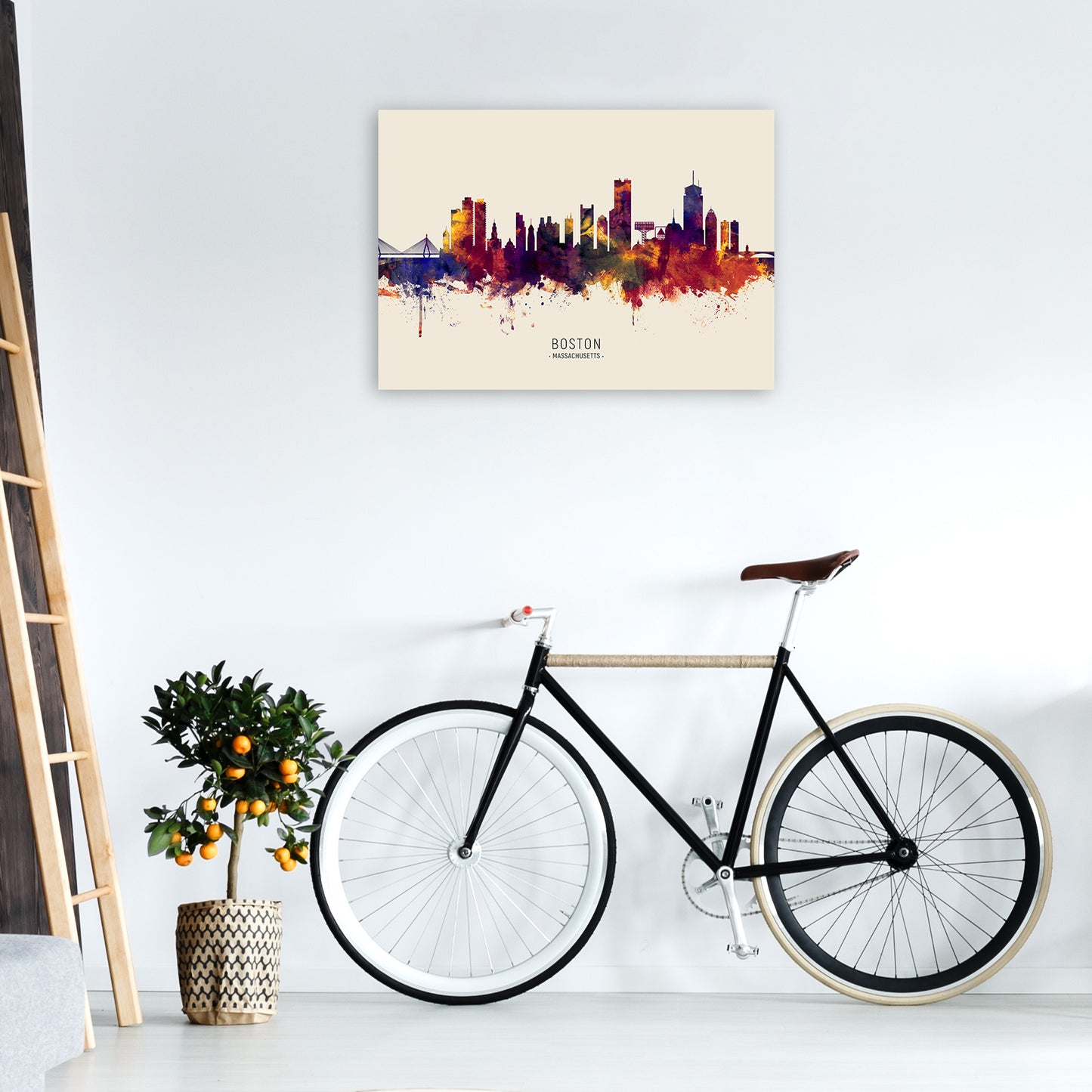 Boston Massachusetts Skyline Autumn City Name Art Print by Michael Tompsett A1 Black Frame