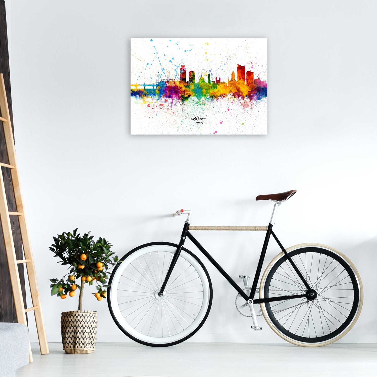 Cardiff Wales Skyline Splash Art Print by Michael Tompsett A1 Black Frame