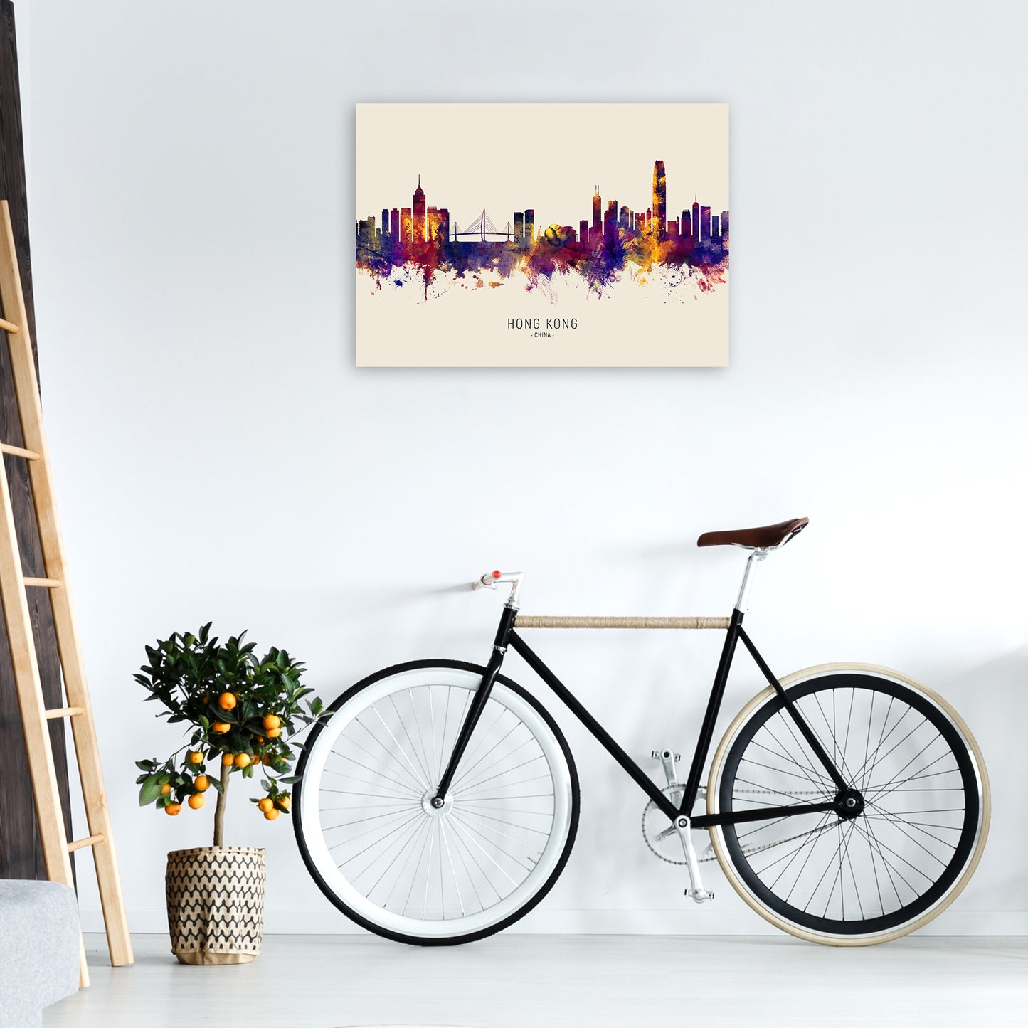 Hong Kong China Skyline Autumn City Name Art Print by Michael Tompsett A1 Black Frame