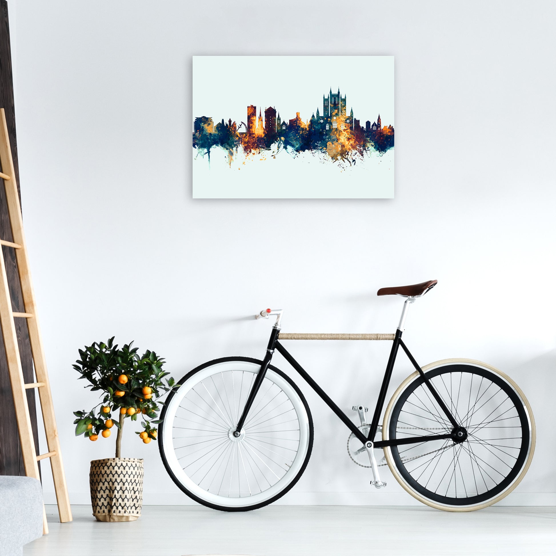 Lincoln England Skyline Blue Orange Art Print by Michael Tompsett A1 Black Frame