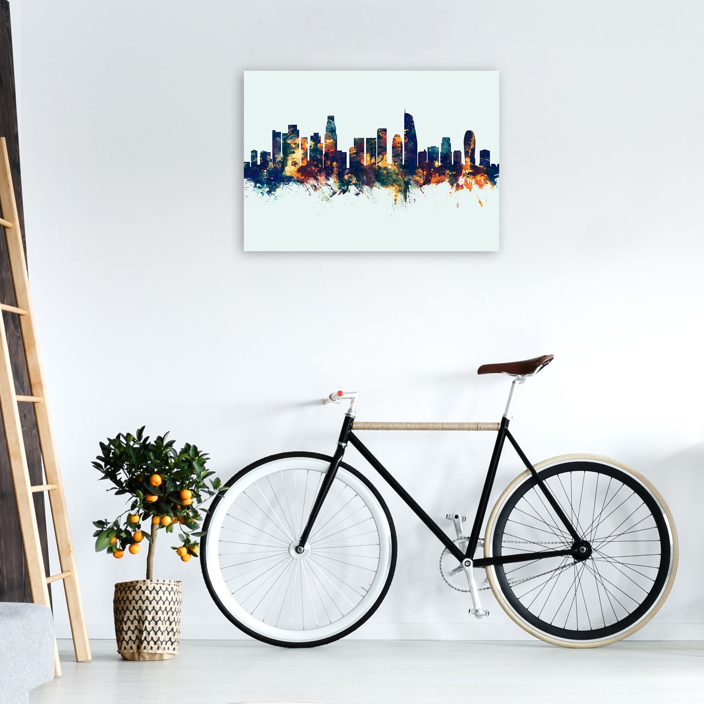 Los Angeles California Skyline Blue Orange Art Print by Michael Tompsett A1 Black Frame