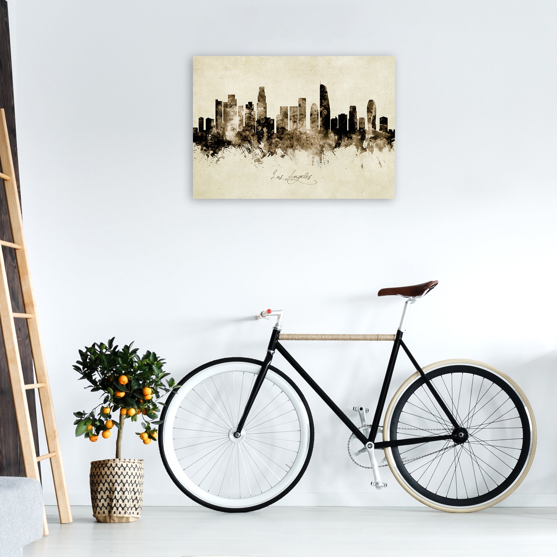 Los Angeles California Skyline Vintage Art Print by Michael Tompsett A1 Black Frame
