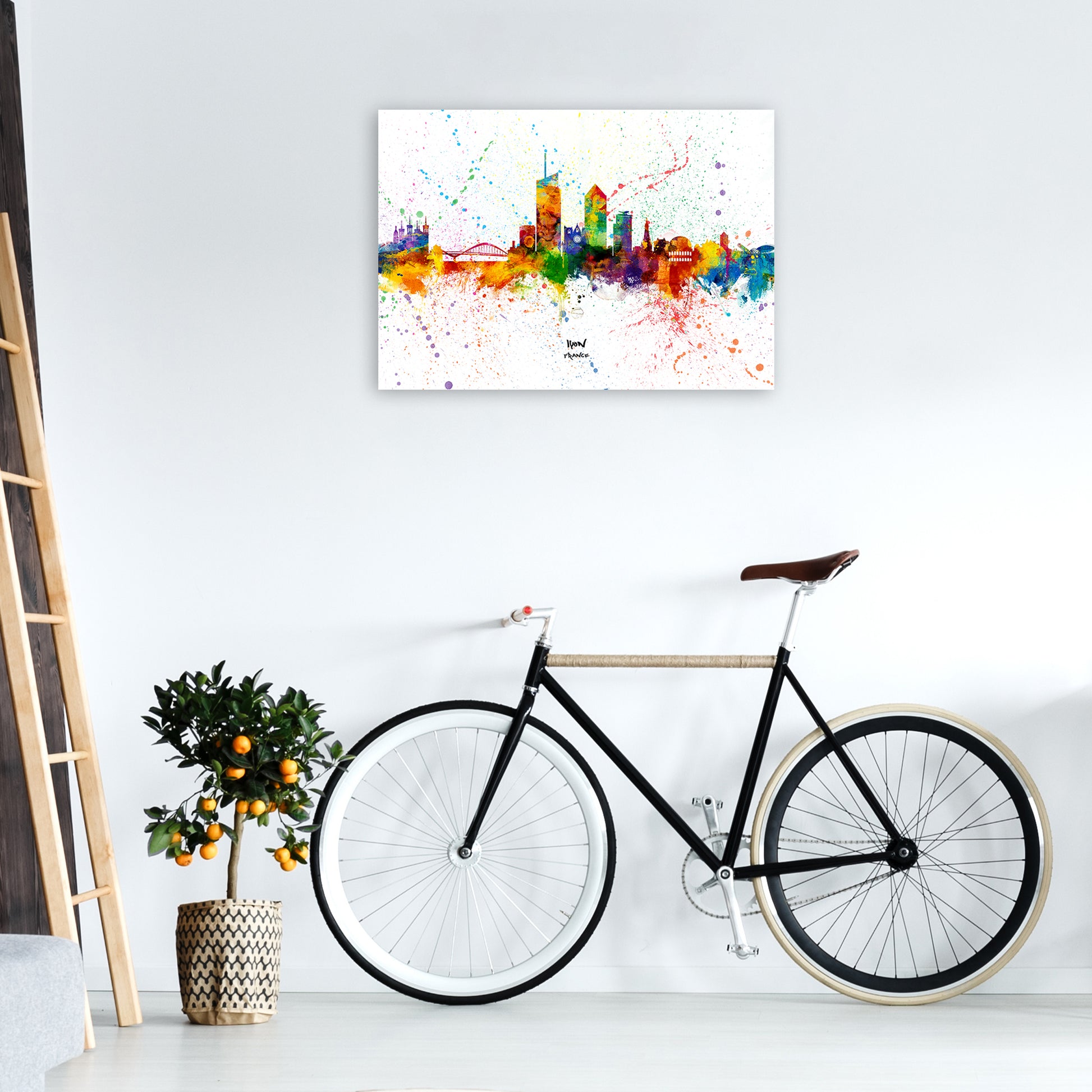 Lyon France Skyline Splash Art Print by Michael Tompsett A1 Black Frame