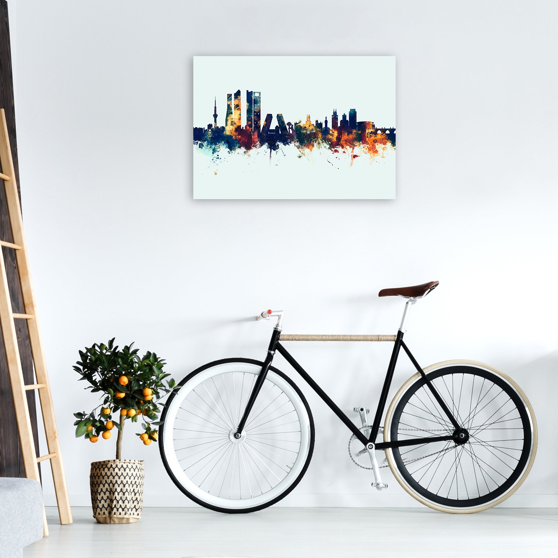 Madrid Spain Skyline Blue Orange Art Print by Michael Tompsett A1 Black Frame