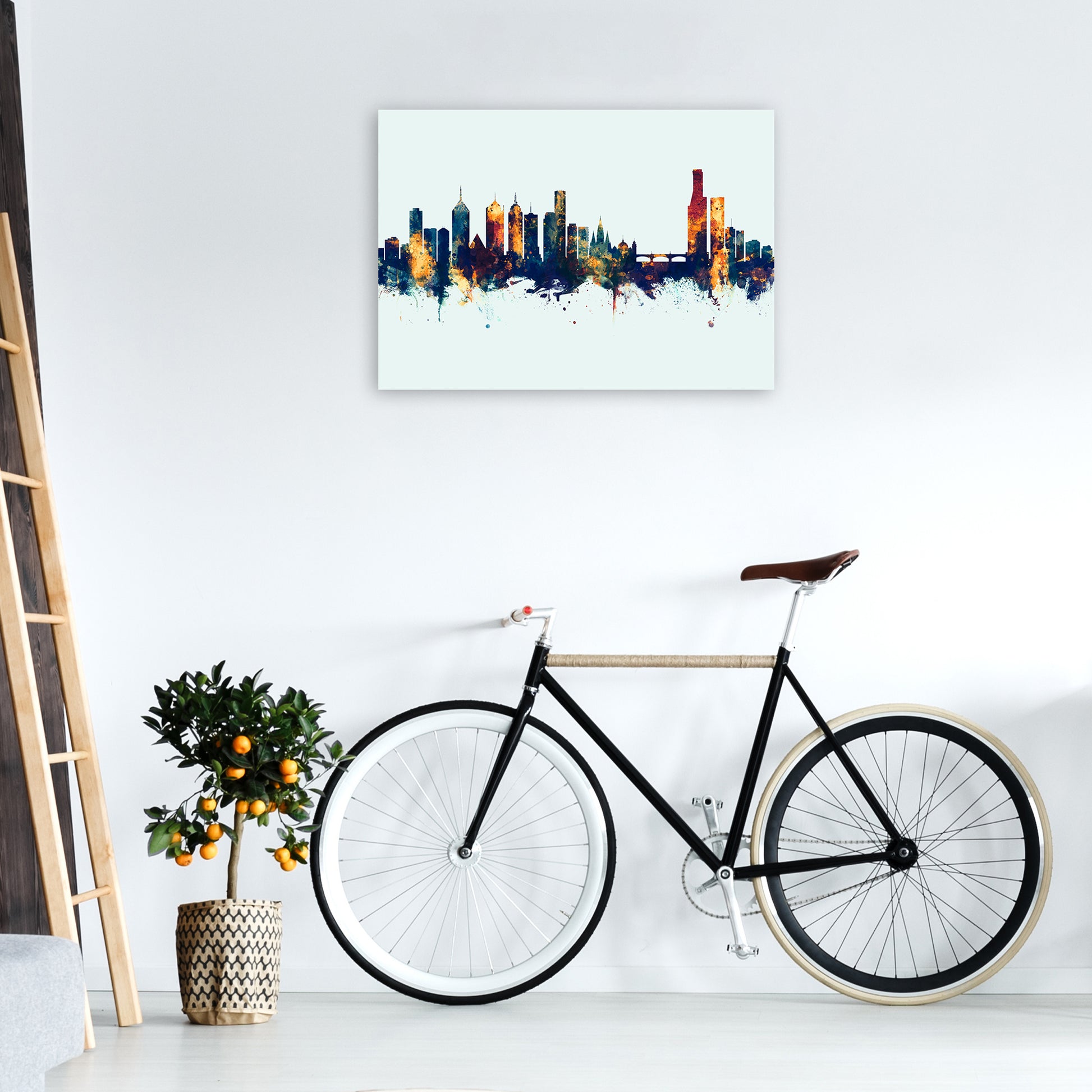 Melbourne Australia Skyline Blue Orange Art Print by Michael Tompsett A1 Black Frame