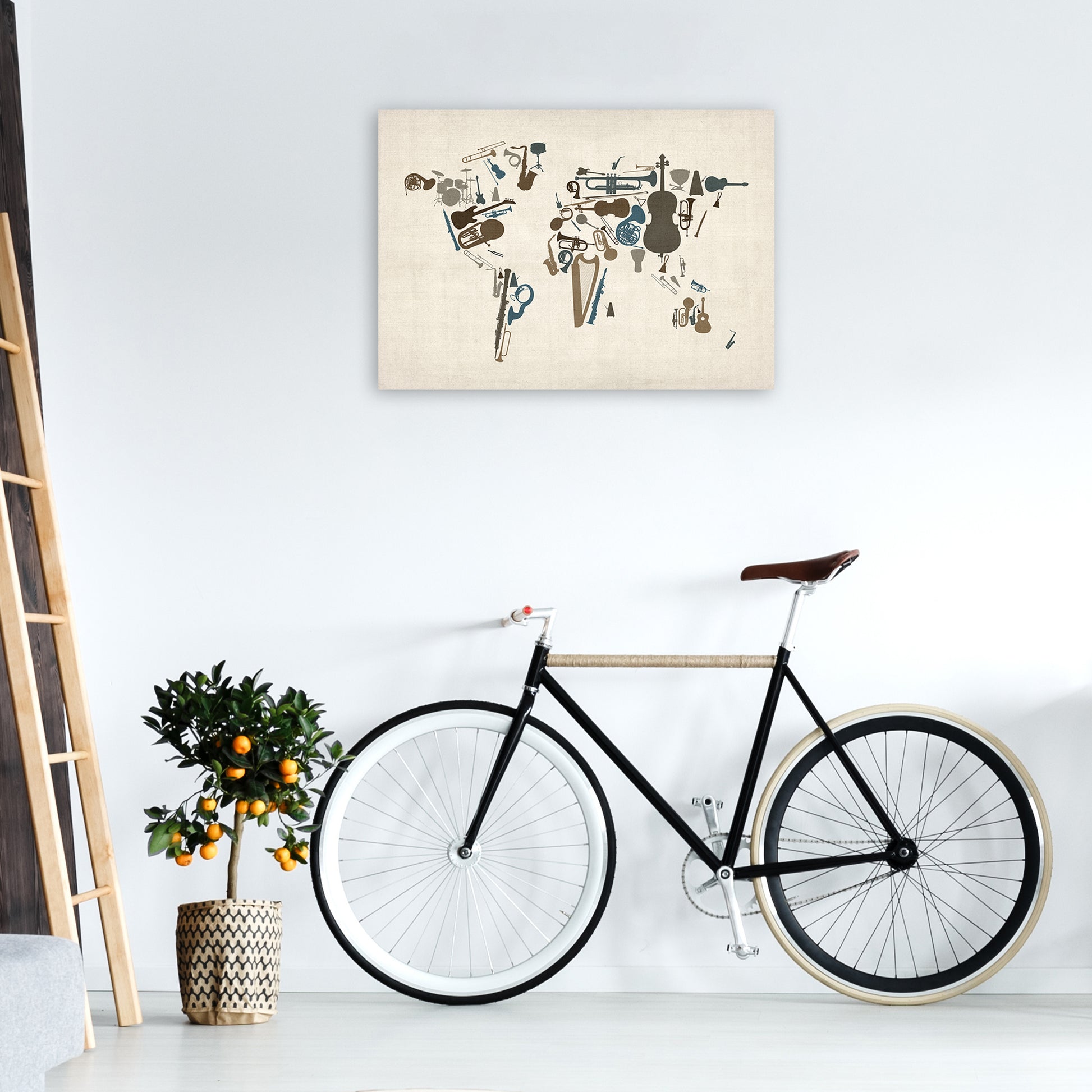 Music Instruments Map of the World Art Print by Michael Tompsett A1 Black Frame