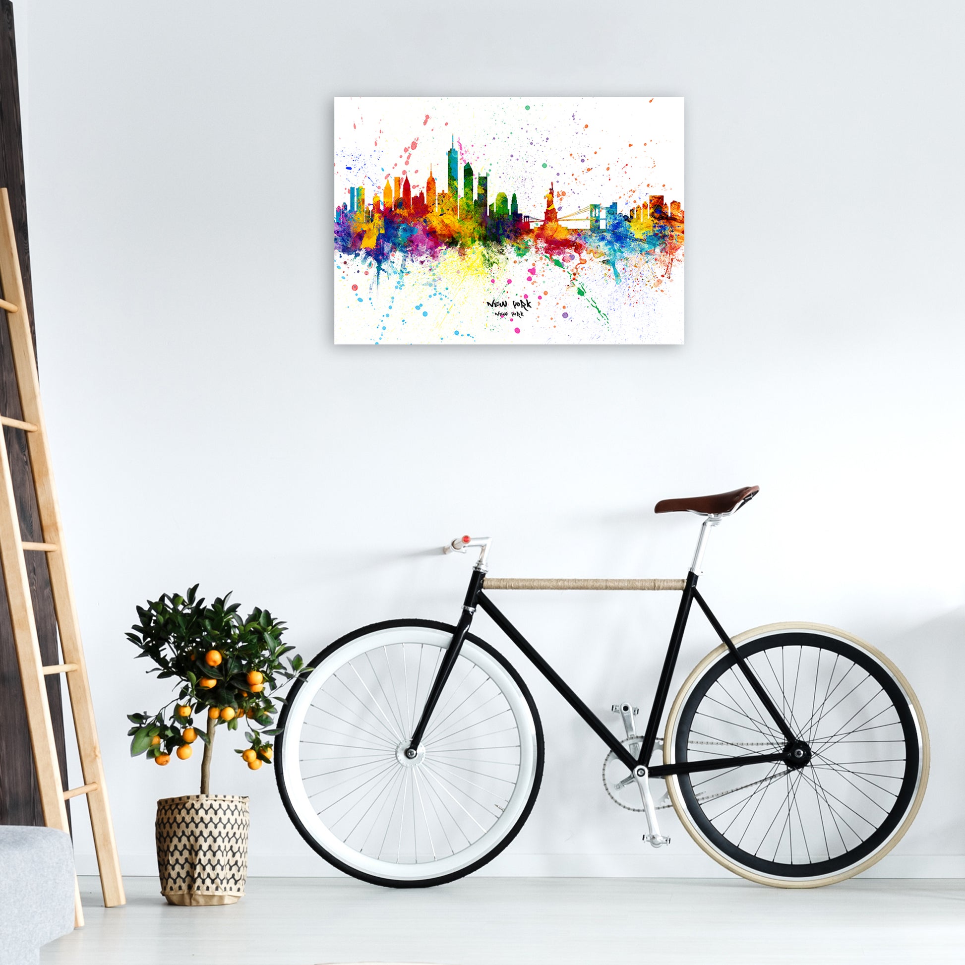 New York New York Skyline Splash Art Print by Michael Tompsett A1 Black Frame