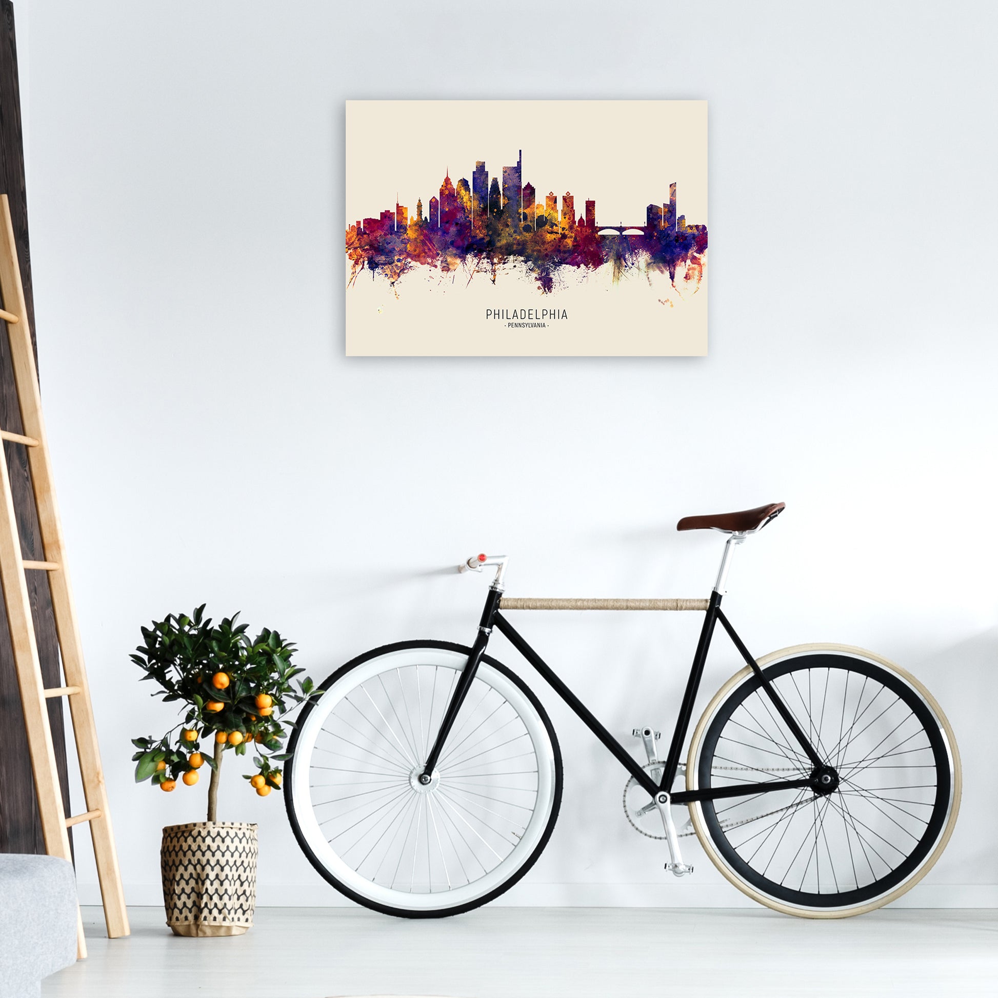 Philadelphia Pennsylvania Skyline Autumn City Name Art Print by Michael Tompsett A1 Black Frame