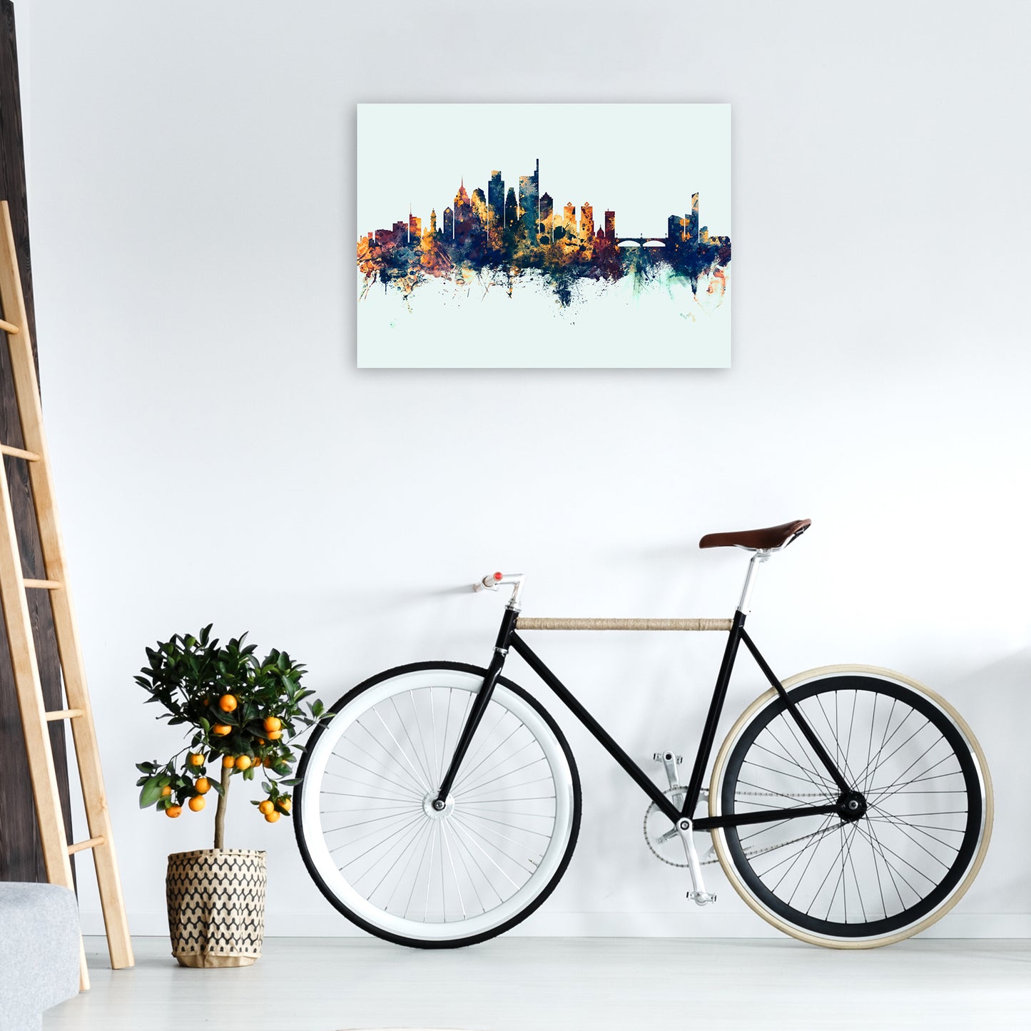 Philadelphia Pennsylvania Skyline Blue Orange Art Print by Michael Tompsett A1 Black Frame