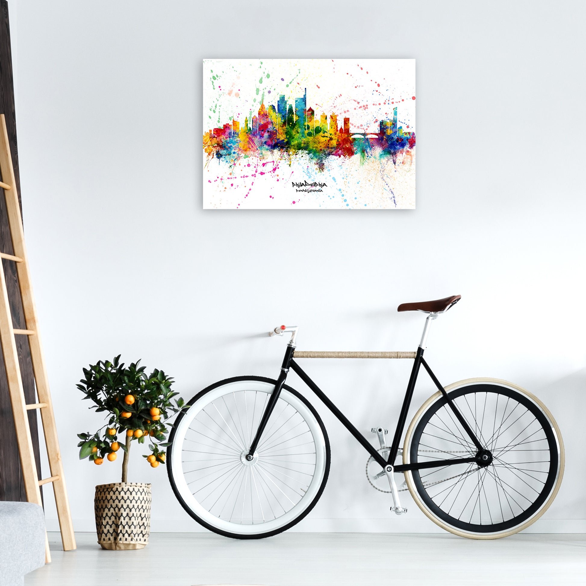 Philadelphia Pennsylvania Skyline Splash Art Print by Michael Tompsett A1 Black Frame