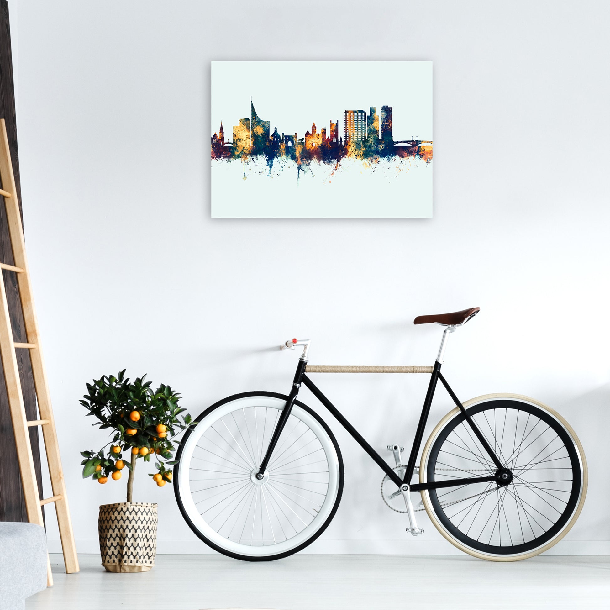 Reading England Skyline Blue Orange Art Print by Michael Tompsett A1 Black Frame