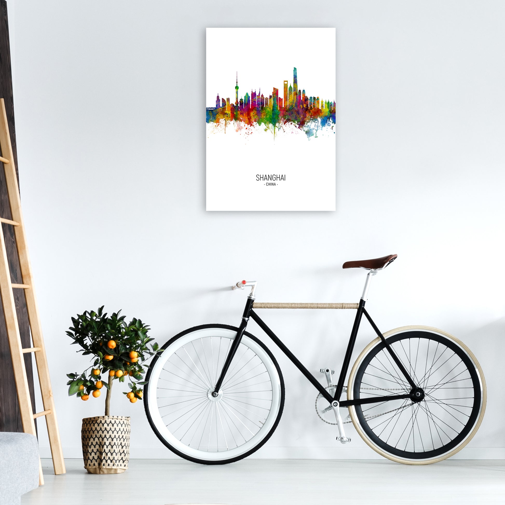 Shanghai China Skyline Portrait Art Print by Michael Tompsett A1 Black Frame