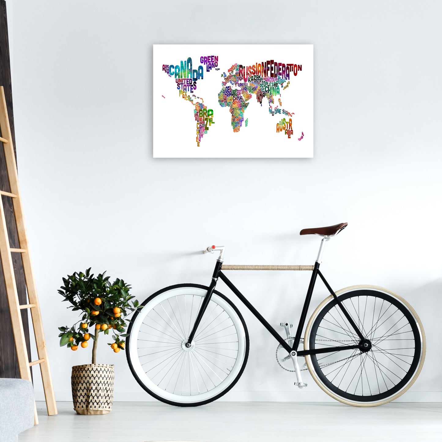 Text Map of the World Colour Art Print by Michael Tompsett A1 Black Frame