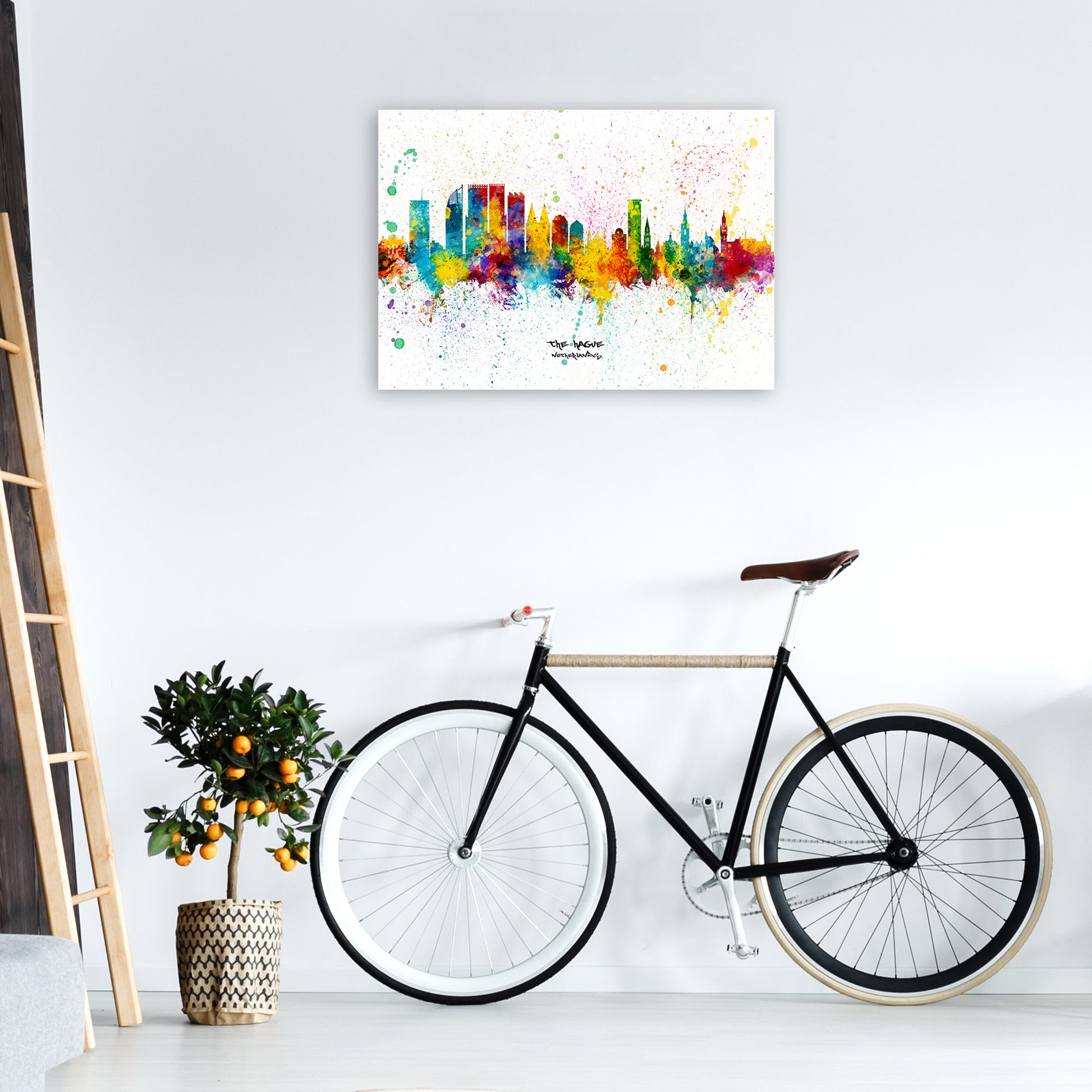 The Hague Netherlands Skyline Splash Art Print by Michael Tompsett A1 Black Frame
