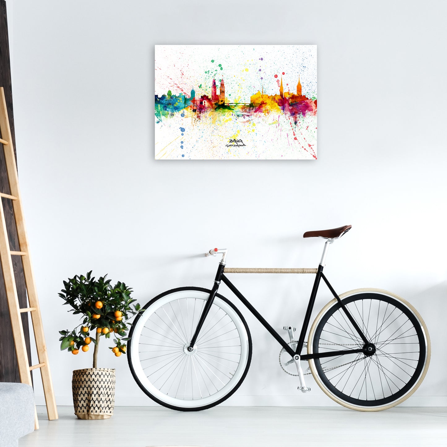 Zurich Switzerland Skyline Splash Art Print by Michael Tompsett A1 Black Frame